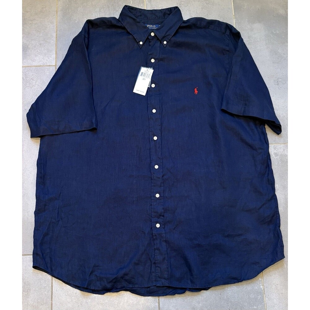 Polo Ralph Lauren Linen Shirt Navy Mens 2XLT Tall Short Sleeve Button Down NWT
